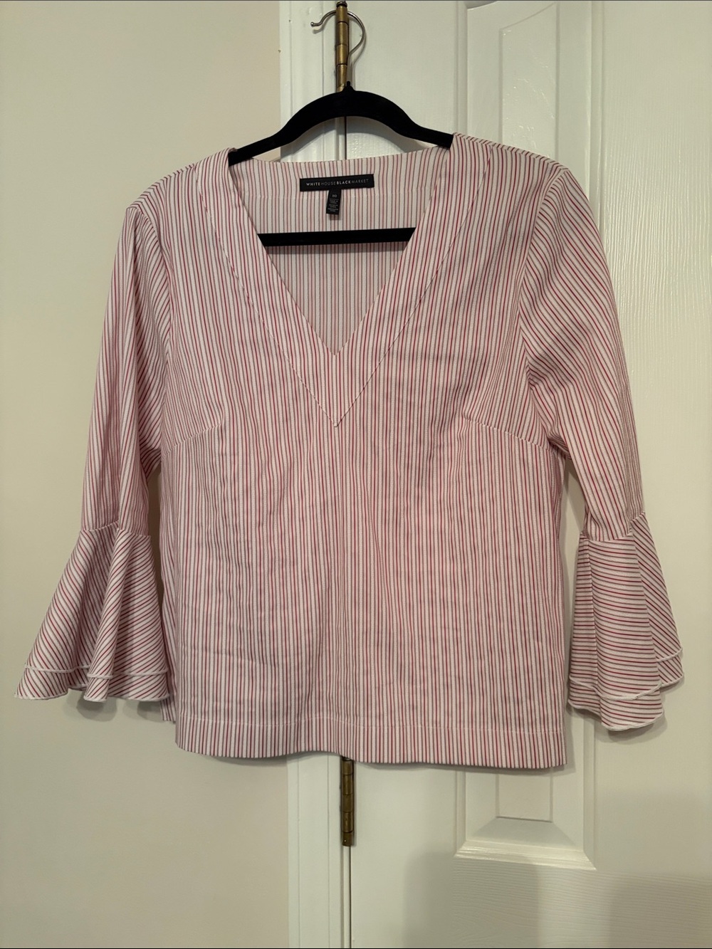 White House Black Market White and Pink Striped V-Neck Bell Sleeve Blouse